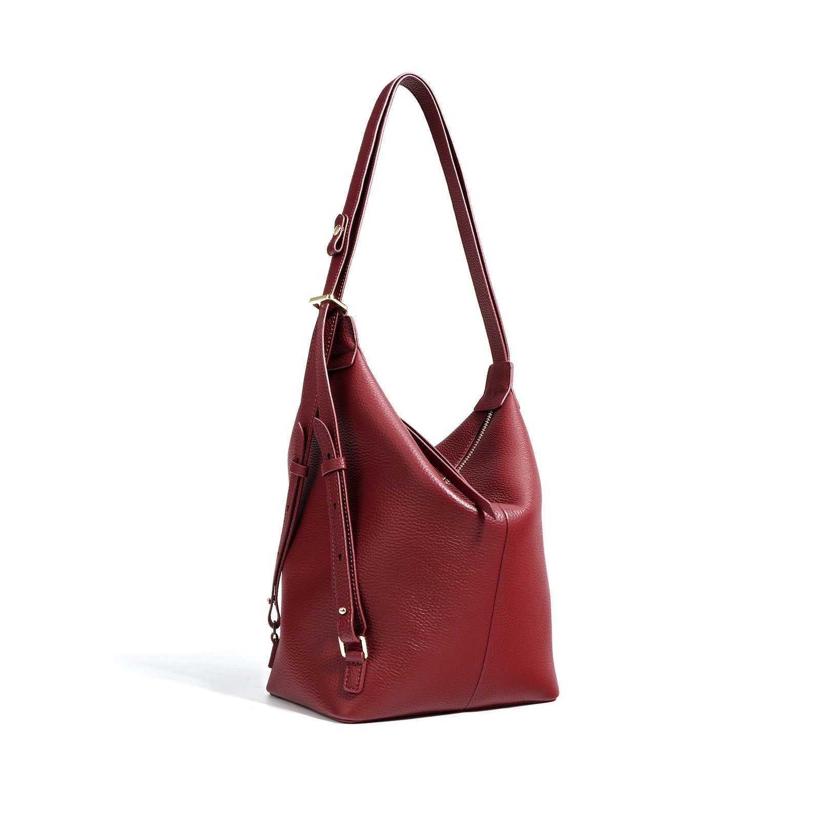Convertible backpack purse handbag in red genuine leather with adjustable straps.