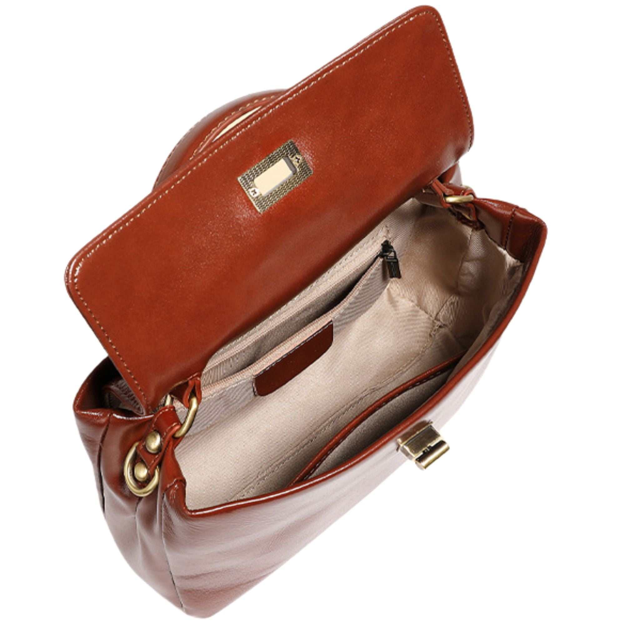 Brown leather handbag with gold accents on a white background
