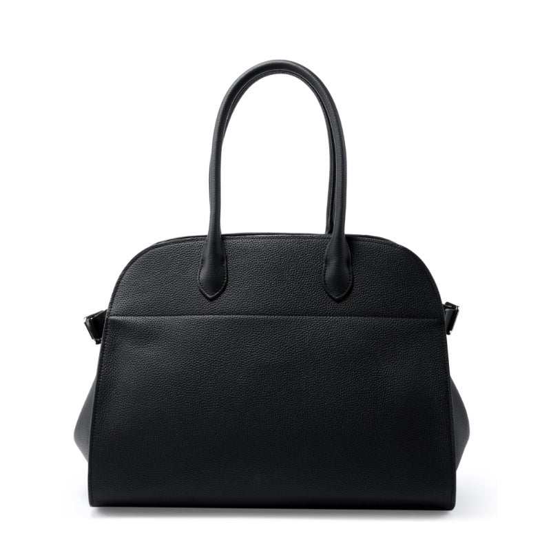 Large black leather satchel bag with sturdy handles and sleek design.
