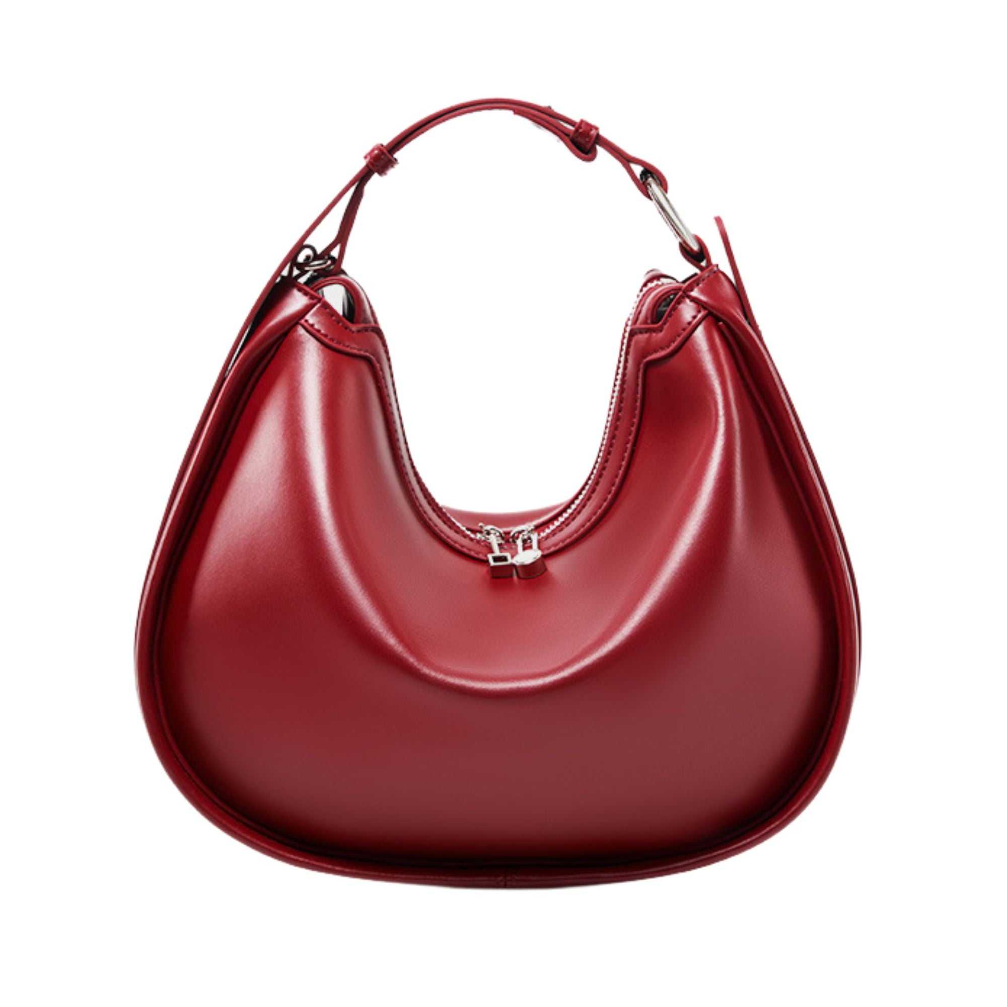 Smooth leather crescent handbag in rich red with adjustable strap and sleek