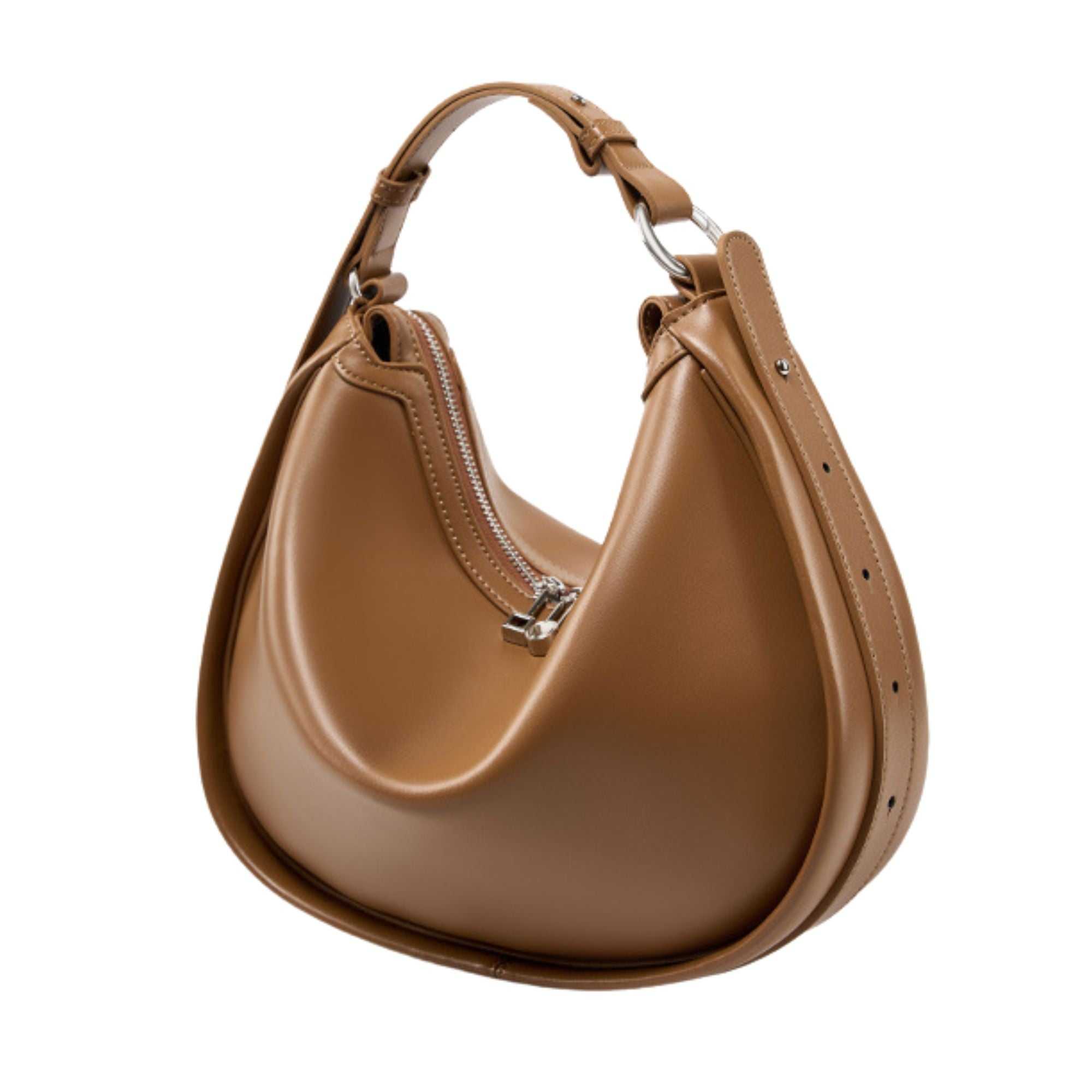Smooth leather crescent handbag with adjustable strap and zippered compartments, in brown, ideal for everyday