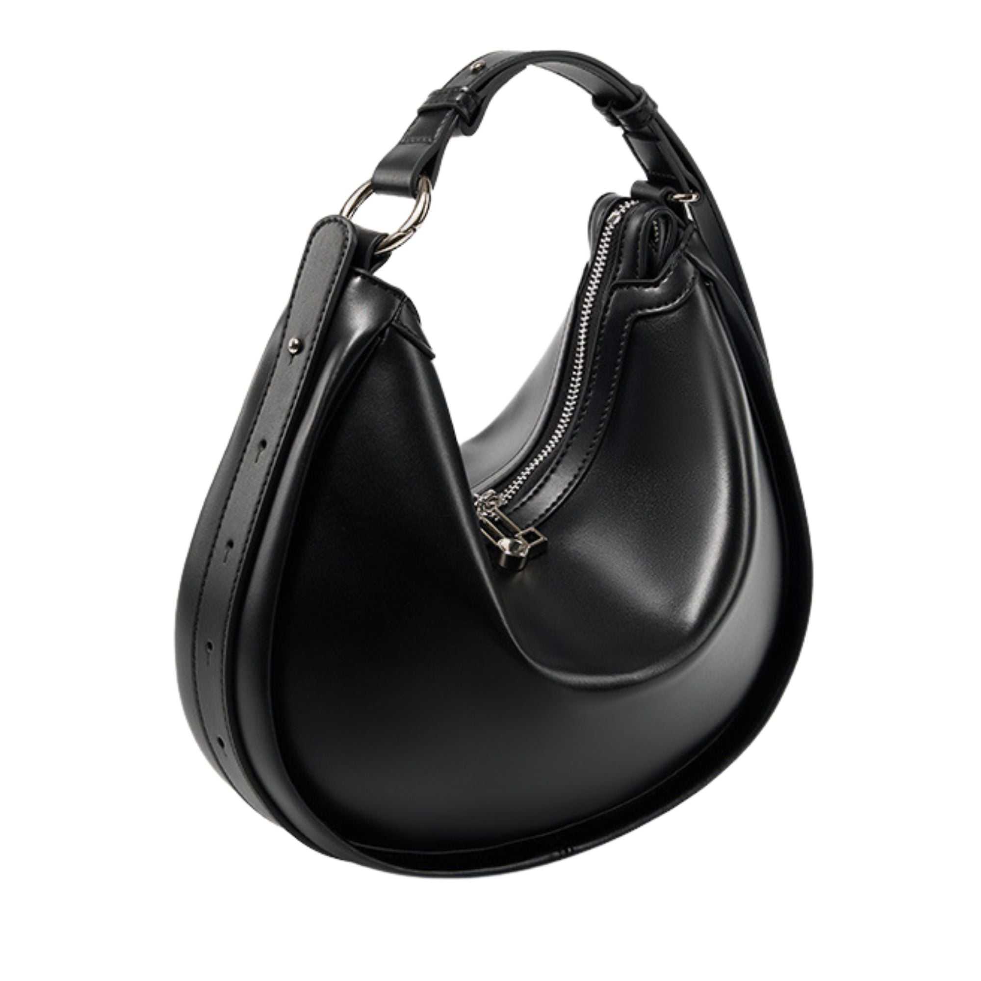 Smooth Leather Crescent Handbag with adjustable strap and zippered compartment, crafted from premium genuine leather.