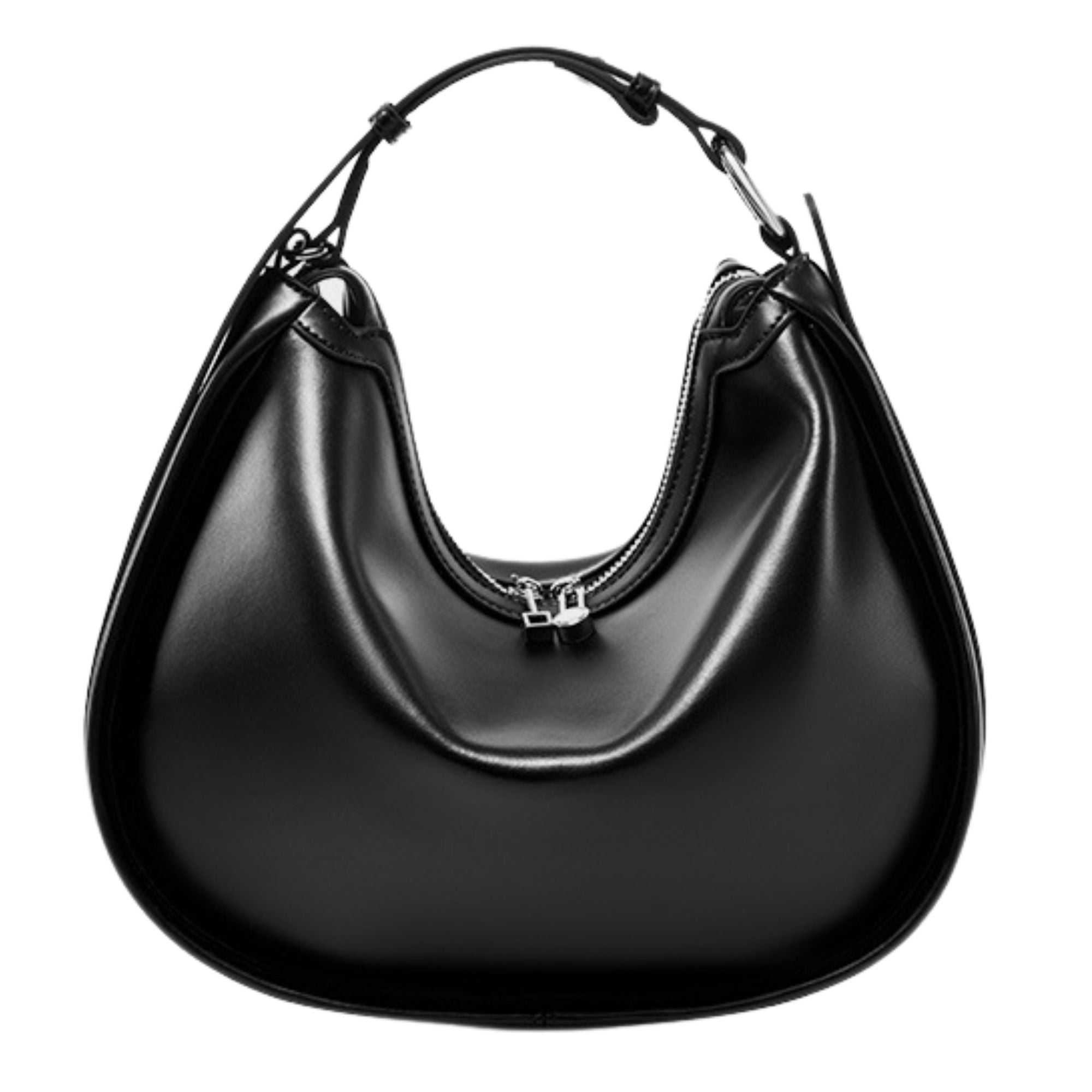 Smooth Leather Crescent Handbag with adjustable strap and multiple pockets.