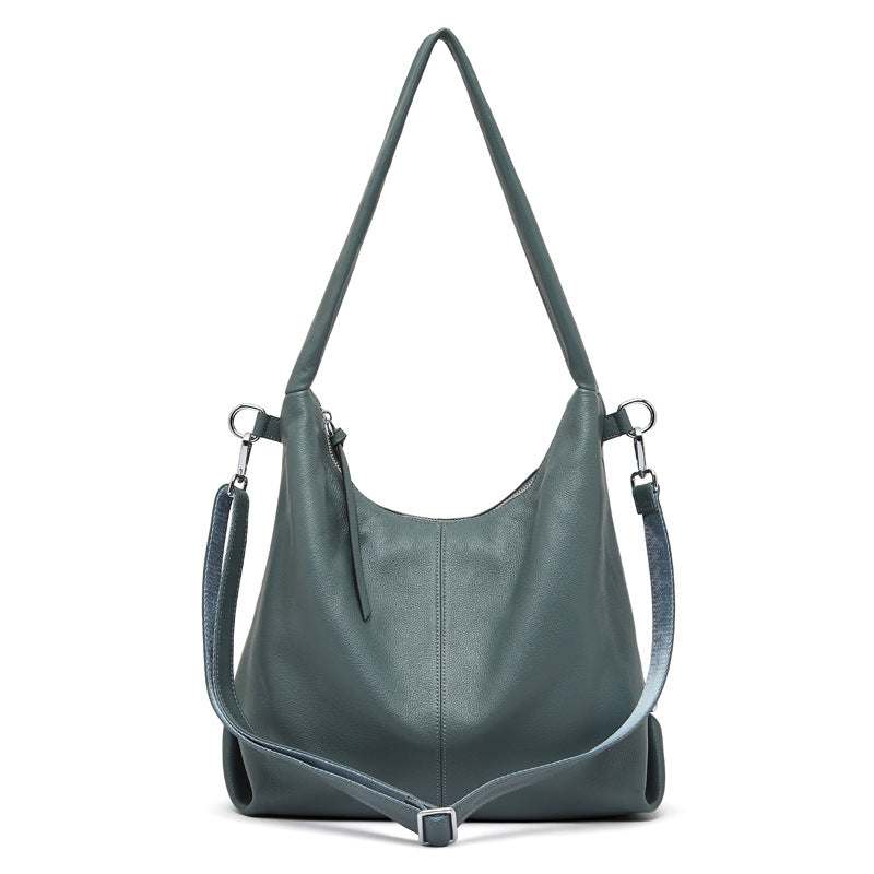 Leather hobo shoulder bag in blue with durable genuine leather and versatile design.