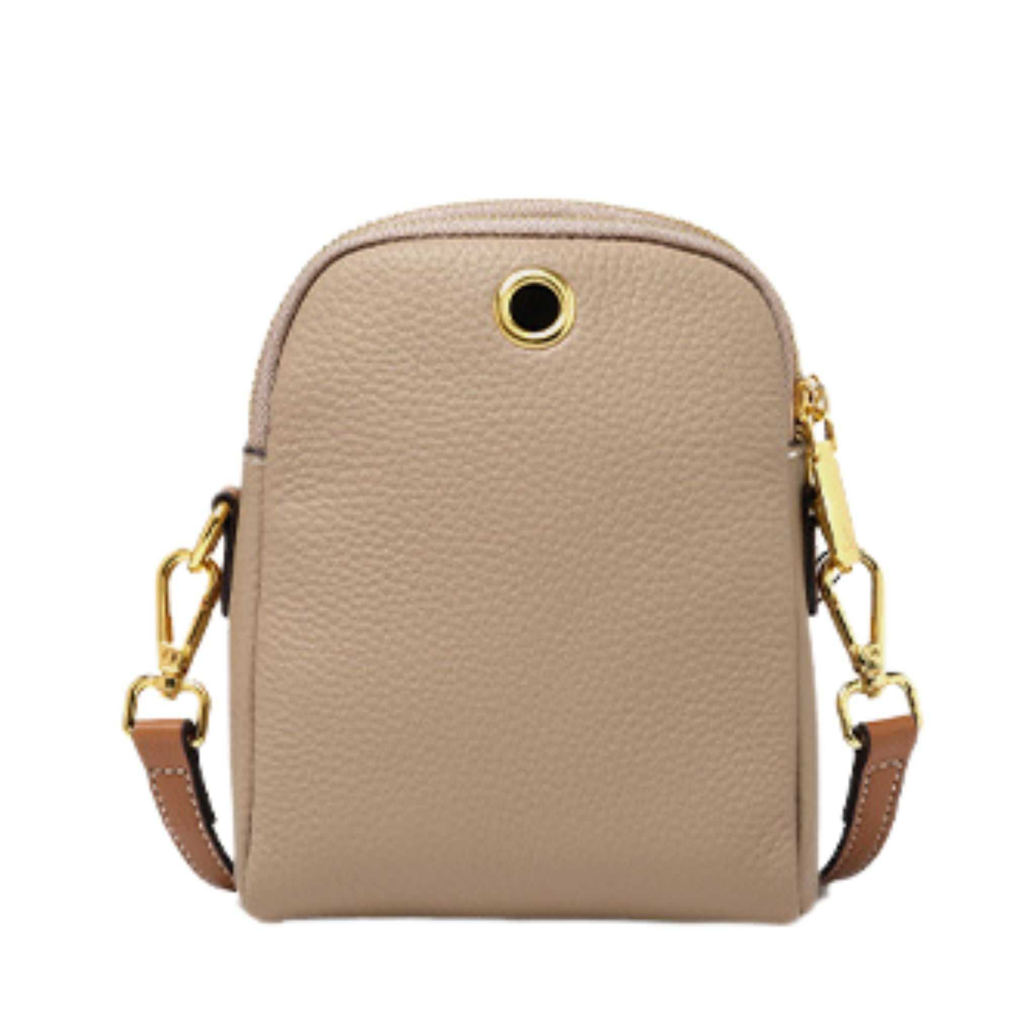 Compact leather phone pouch with adjustable strap and multiple compartments for versatile use.