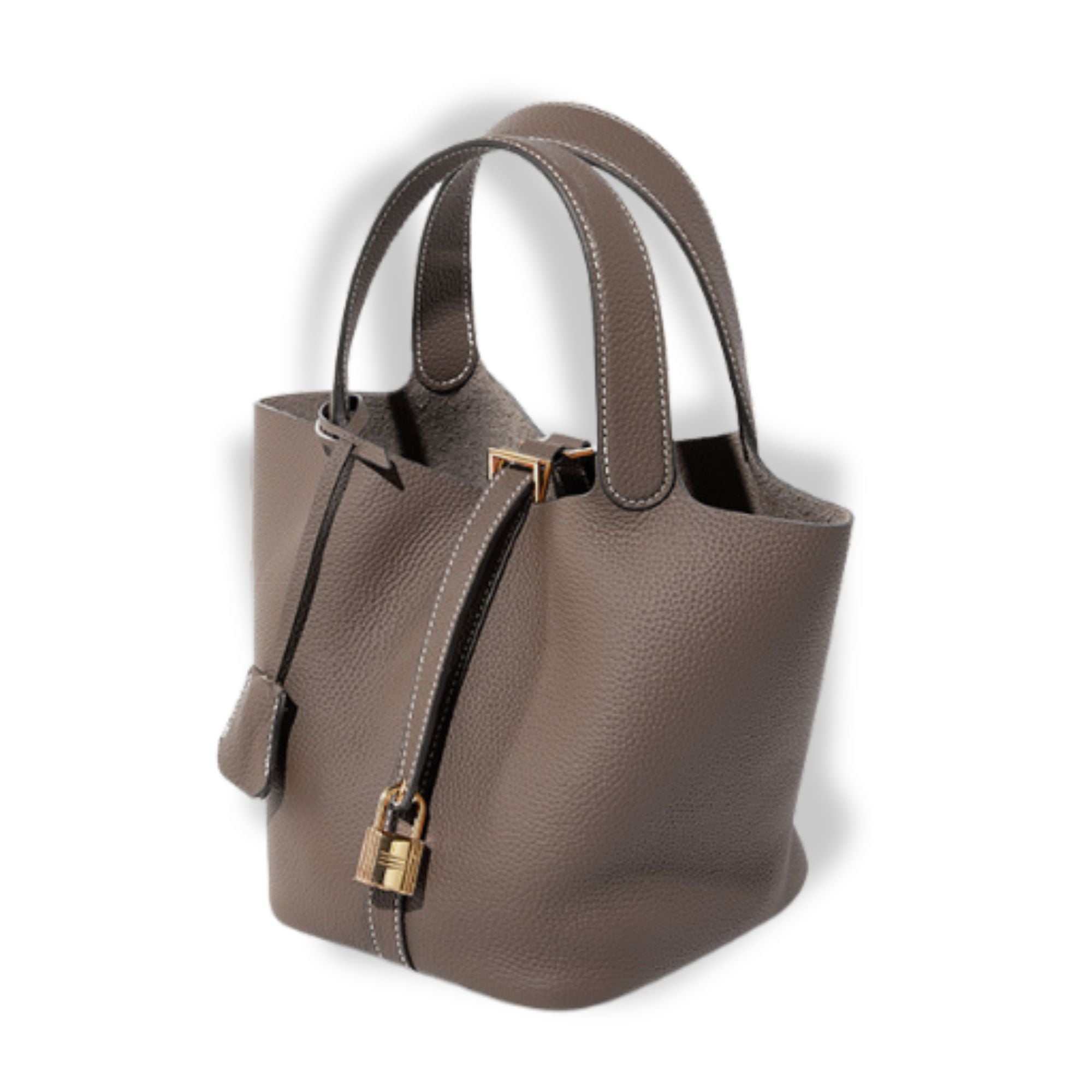 Brown Lychee Leather Basket Tote with handles and signature