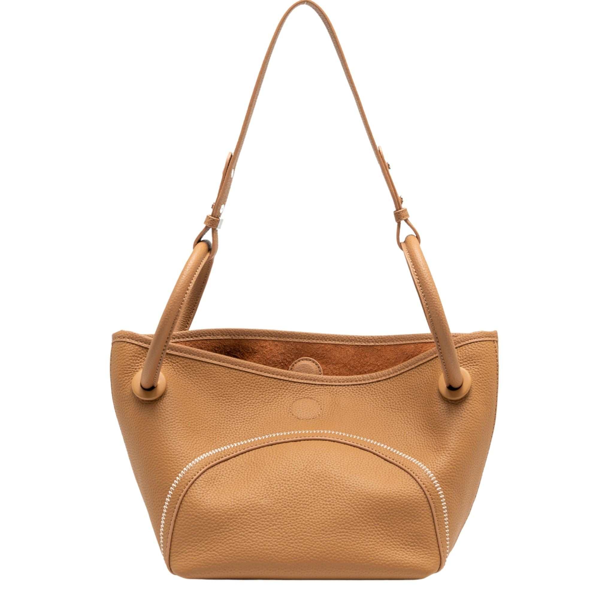 Mercer full-grain leather crossbody bucket tote with circular handles and removable pouch