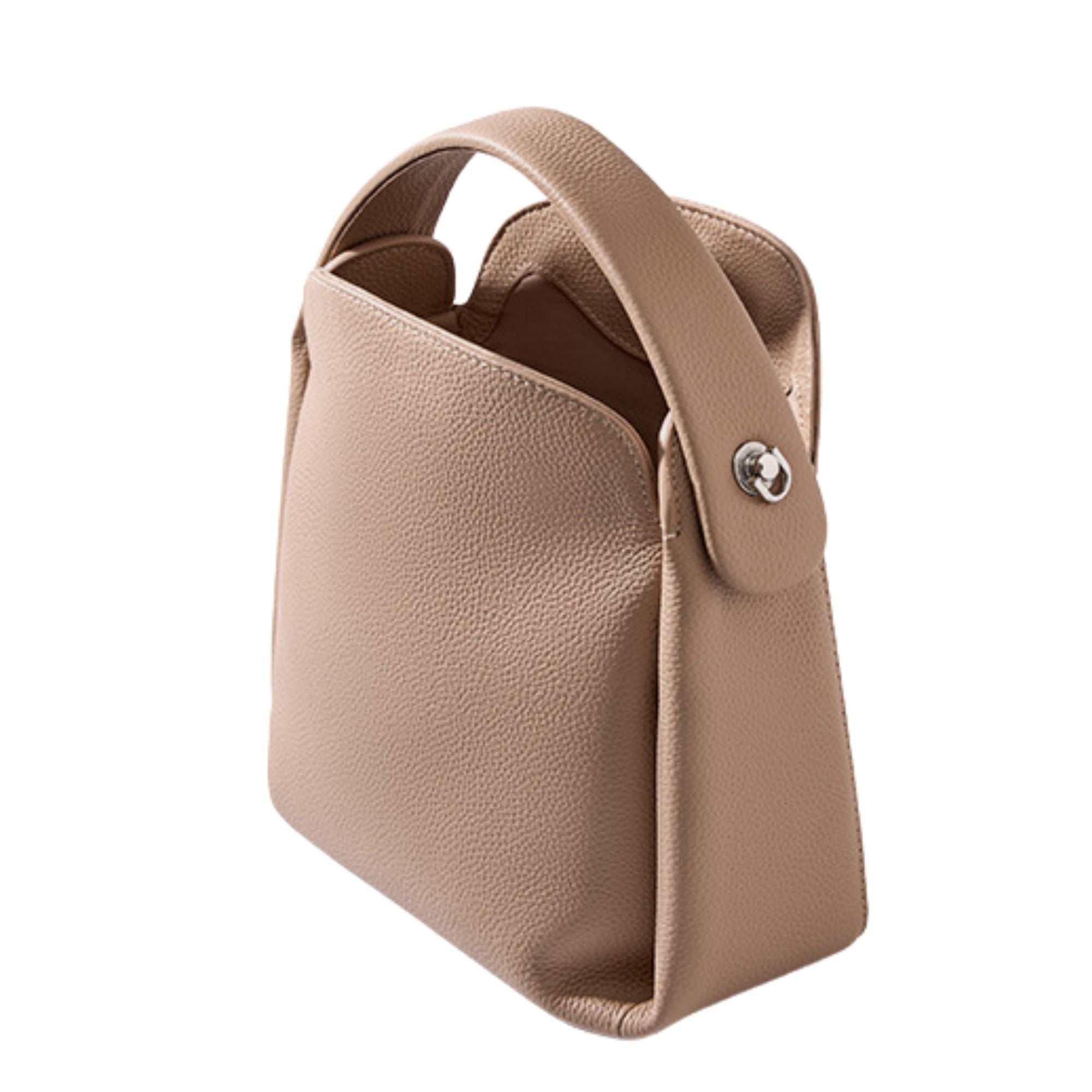 Modern soft leather handbag in beige with adjustable strap, sleek design, and ample storage.