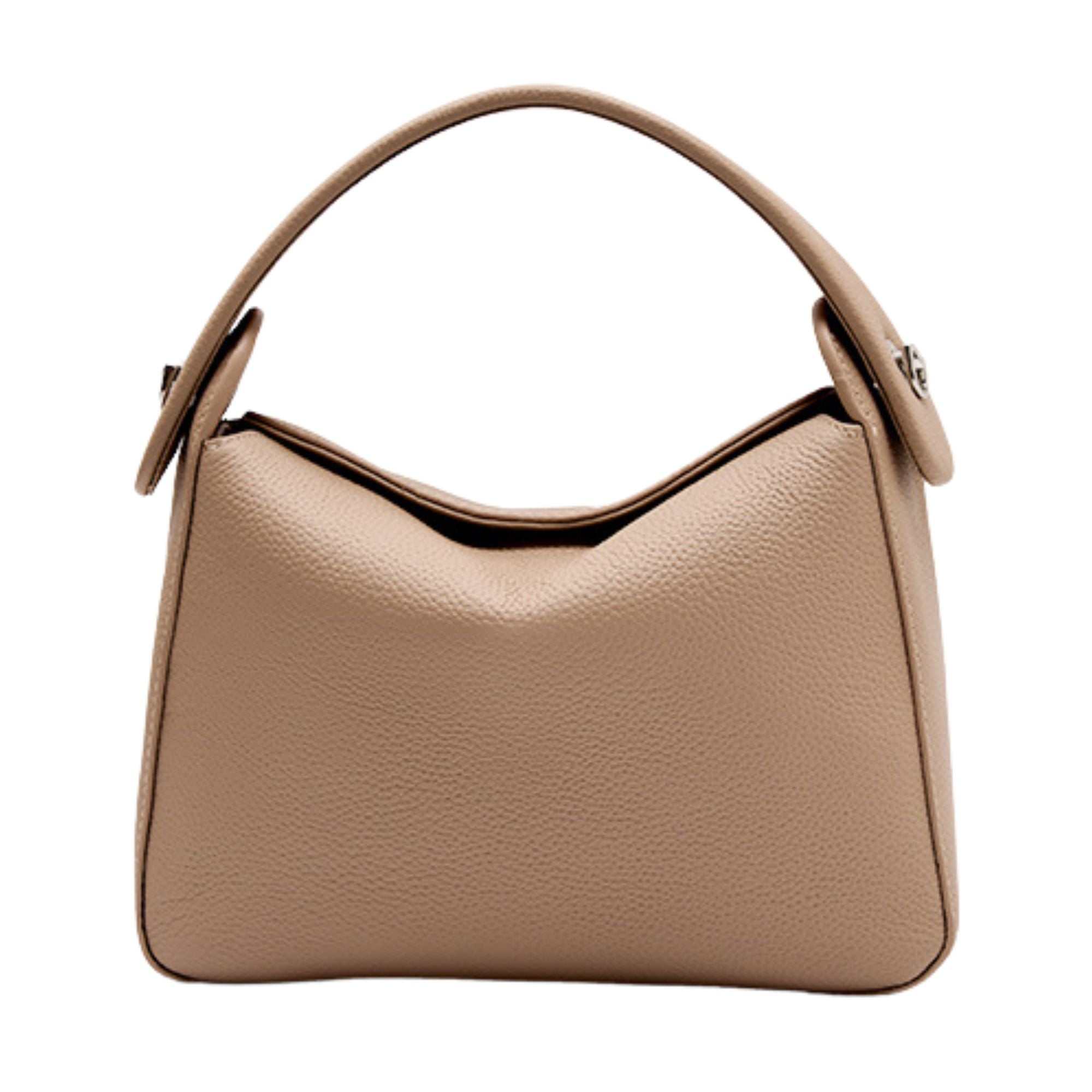 Modern soft leather handbag in beige with adjustable strap and smart storage.