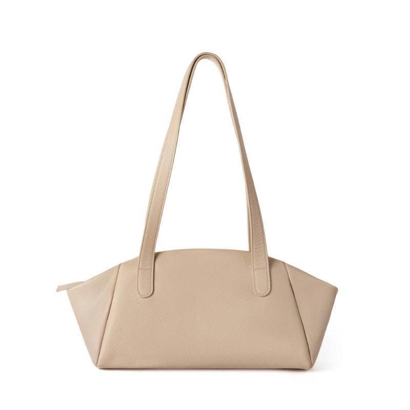 The Marlowe beige leather tote bag with soft double straps and silver hardware, medium size for everyday use.
