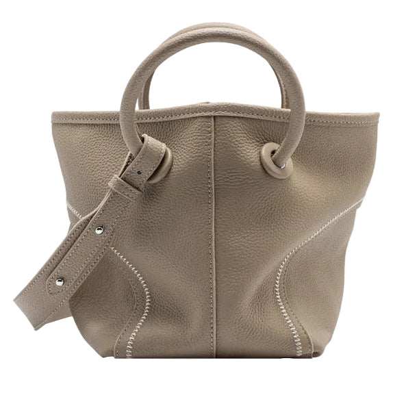 Full-grain leather crossbody bucket tote with removable pouch and circular handles