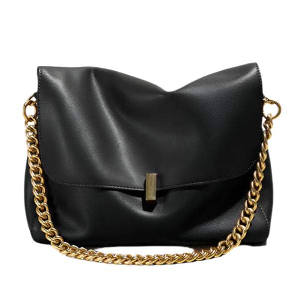 Small Messenger Purse in black genuine leather with chain strap, elegant and versatile design.