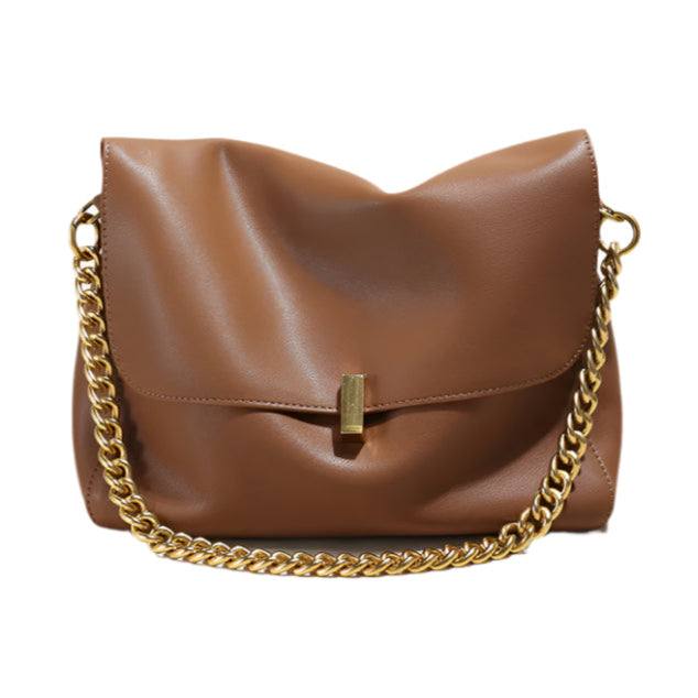 Genuine leather small messenger purse with a slouchy design and gold chain strap.