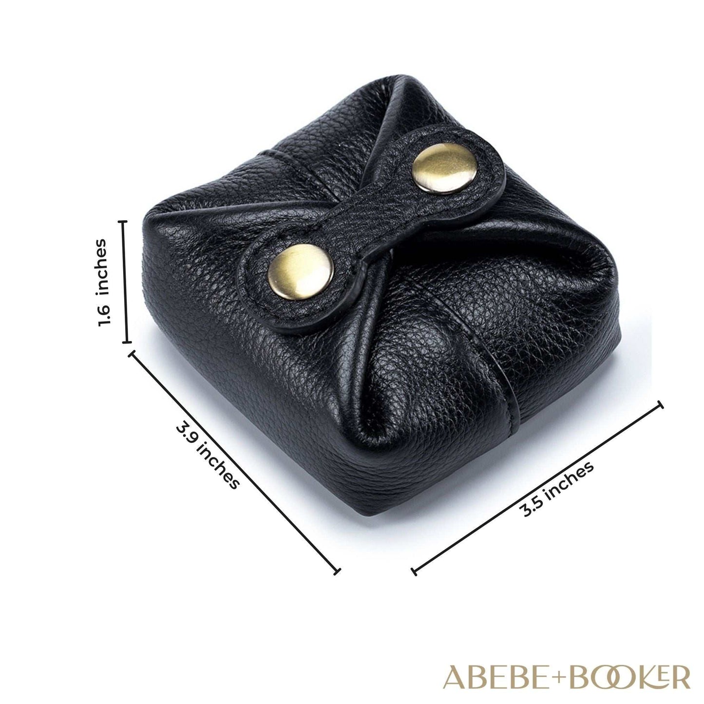 Lipstick case in soft leather with bronze snap closure, black color, compact design, dimensions