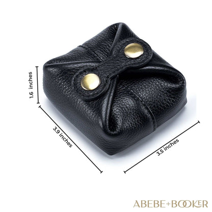 Lipstick case in soft leather with bronze snap closure, black color, compact design, dimensions