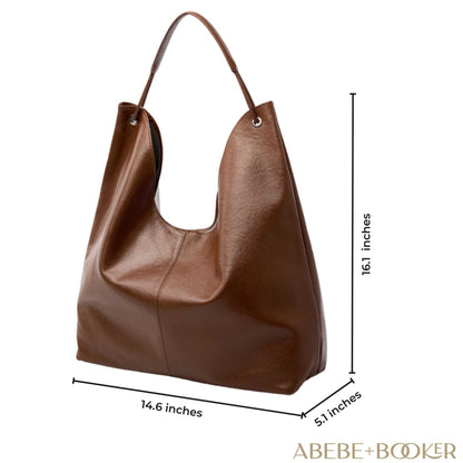 Genuine leather hobo slouch purse with dimensions 16.1" H x 14.6" L x 5.1" W, featuring a large capacity and stylish design.