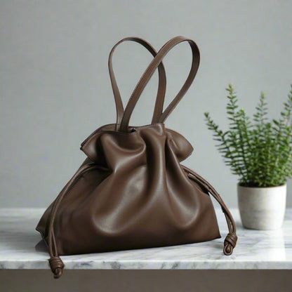 Minimalist Genuine Leather Drawstring Tote Bag