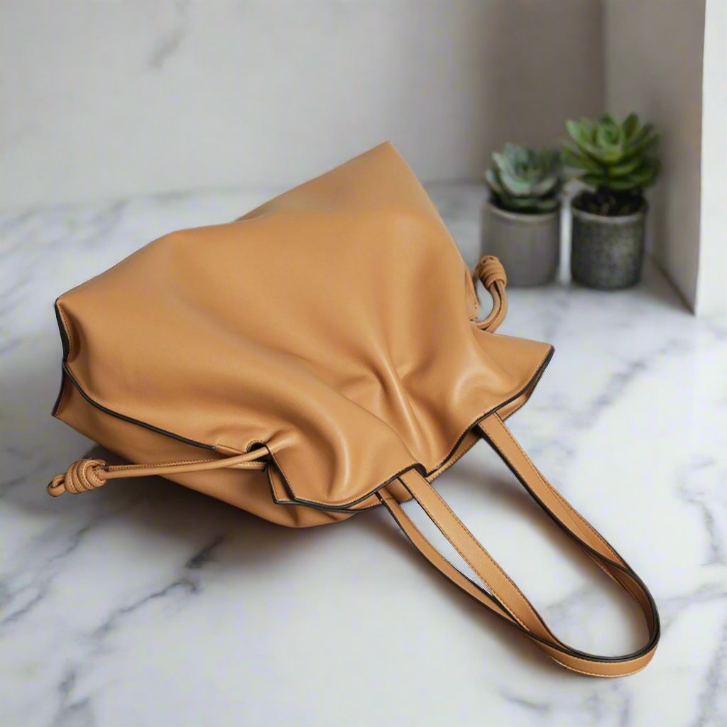 Minimalist Genuine Leather Drawstring Tote Bag