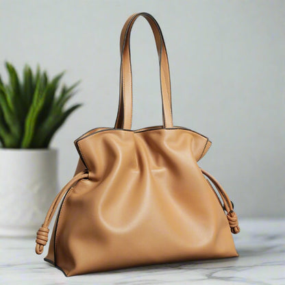 Minimalist Genuine Leather Drawstring Tote Bag