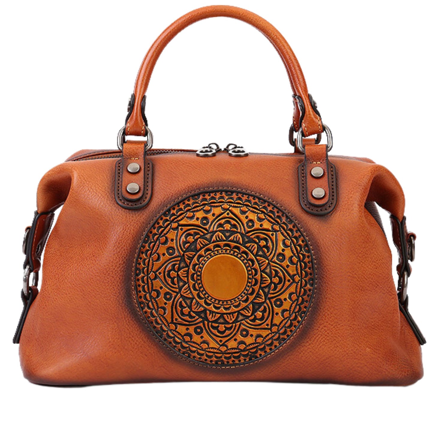 Genuine Leather Vintage Embossed Medallion Handbag