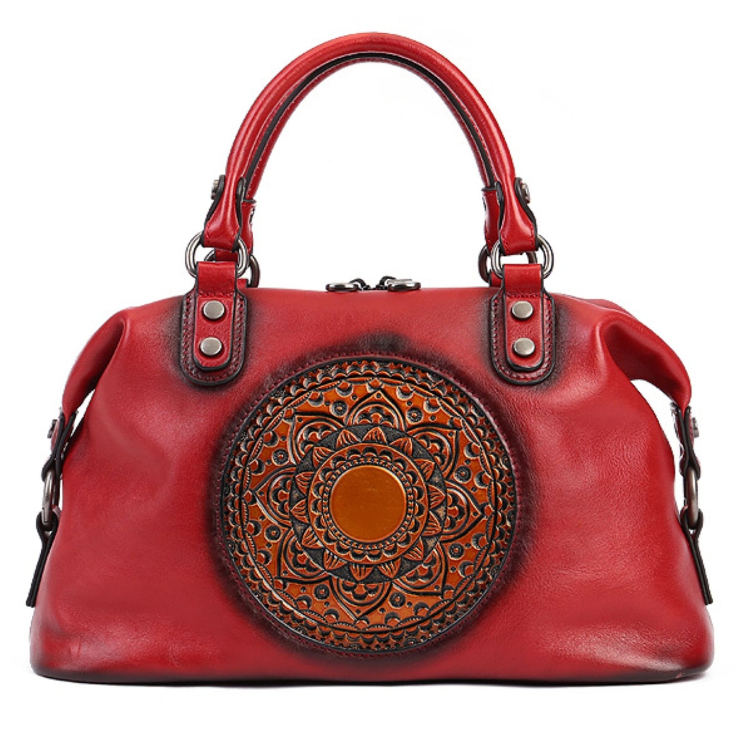 Genuine Leather Vintage Embossed Medallion Handbag