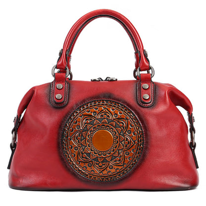 Genuine Leather Vintage Embossed Medallion Handbag