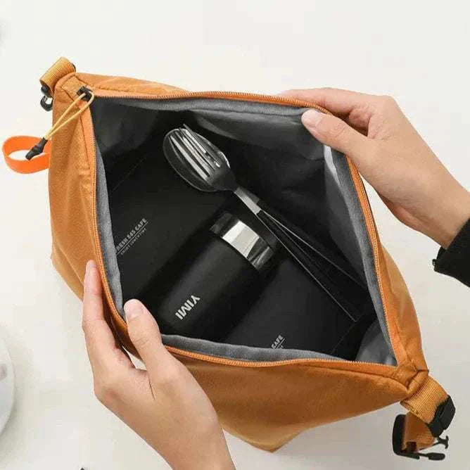 Adult Lunch Tote Bag open with utensils inside, showcasing spacious, insulated interior.