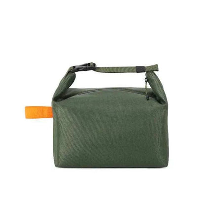 Green adult lunch tote bag with orange handle, featuring premium insulation and durable polyester fabric.