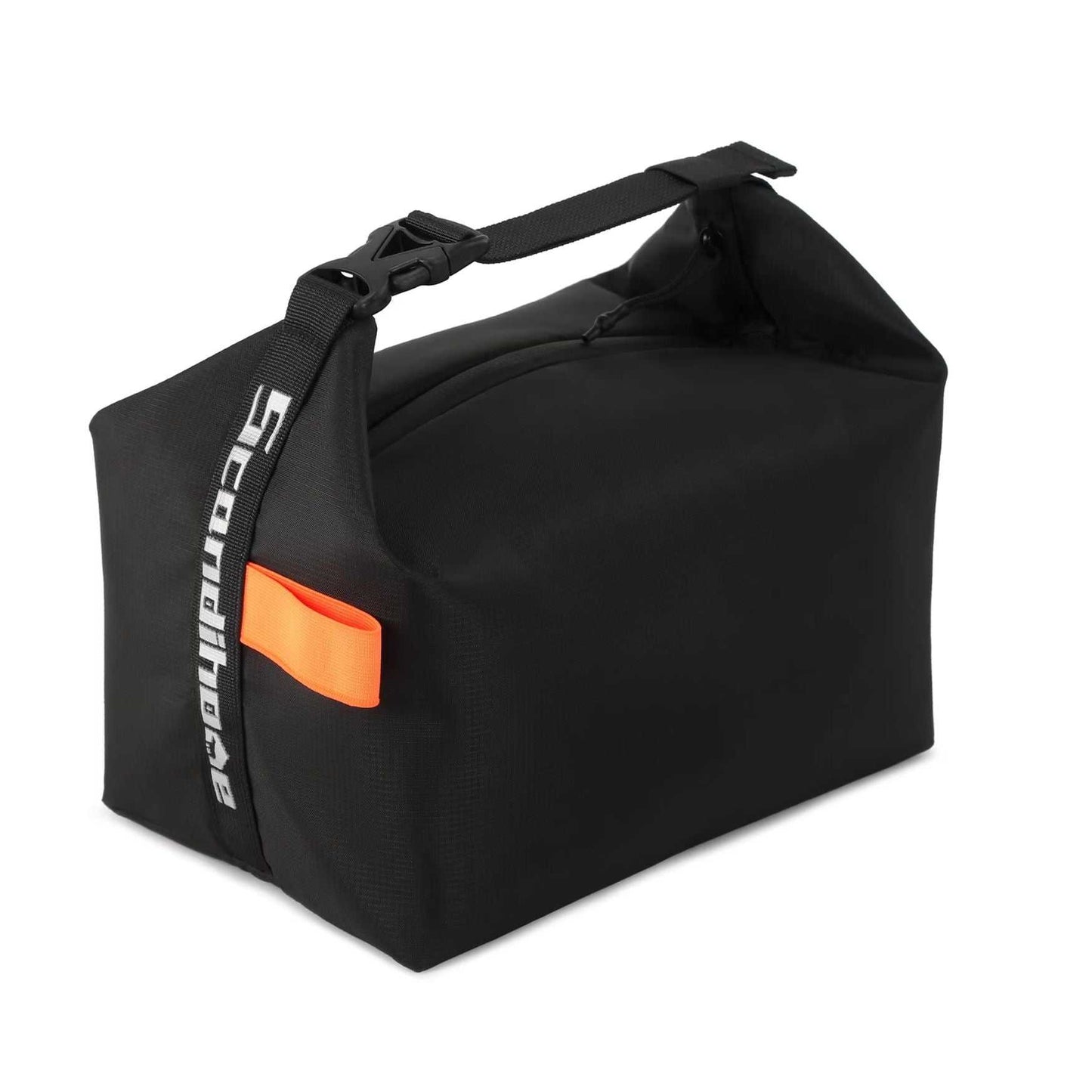 Black adult lunch tote bag with orange accent and soft handle, designed for style and functionality.