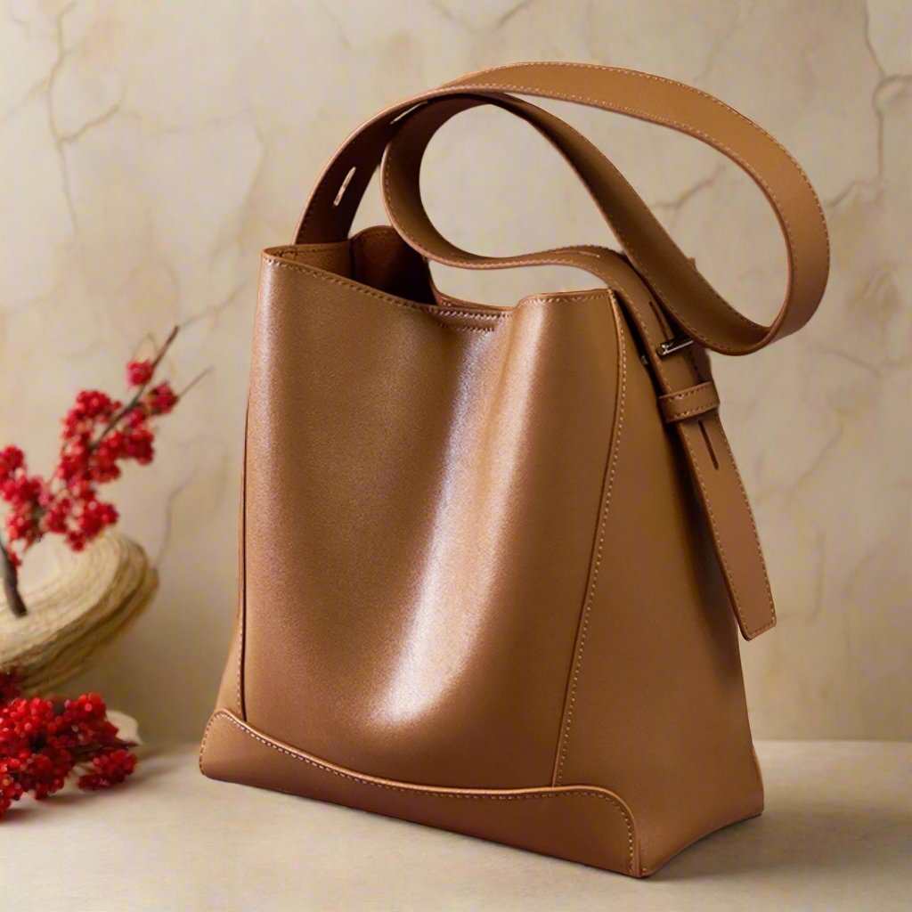 Genuine leather bucket tote purse with elegant design and spacious interior.