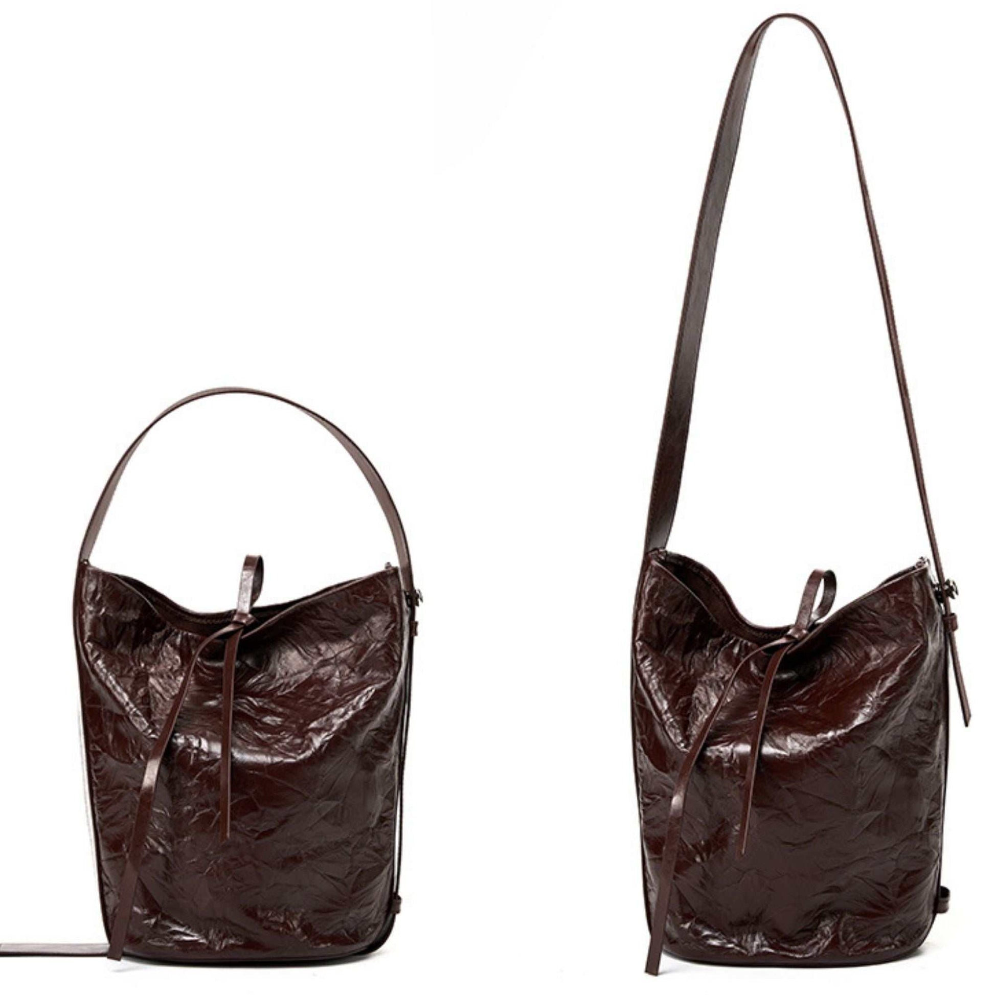 Burgundy Bucket Bag crafted from genuine leather with a wrinkled pattern and adjustable single-shoulder strap.