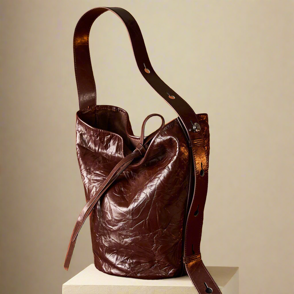 Burgundy Bucket Bag in genuine leather with wrinkled pattern, chic and practical design.