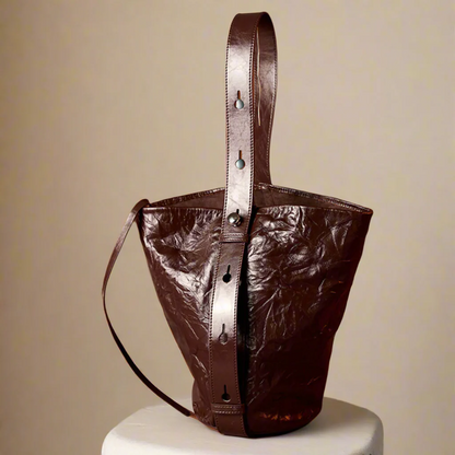 Burgundy Bucket Bag in premium genuine leather with wrinkled pattern, elegant and practical design.