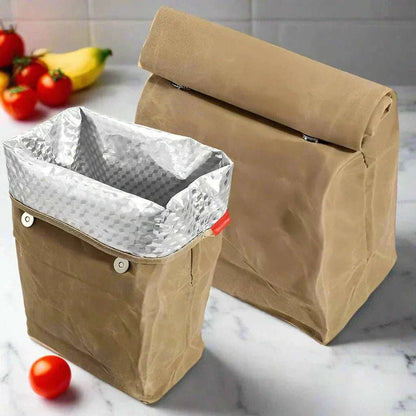 Stylish insulated waxed canvas lunch bag with waterproof interior and durable design.