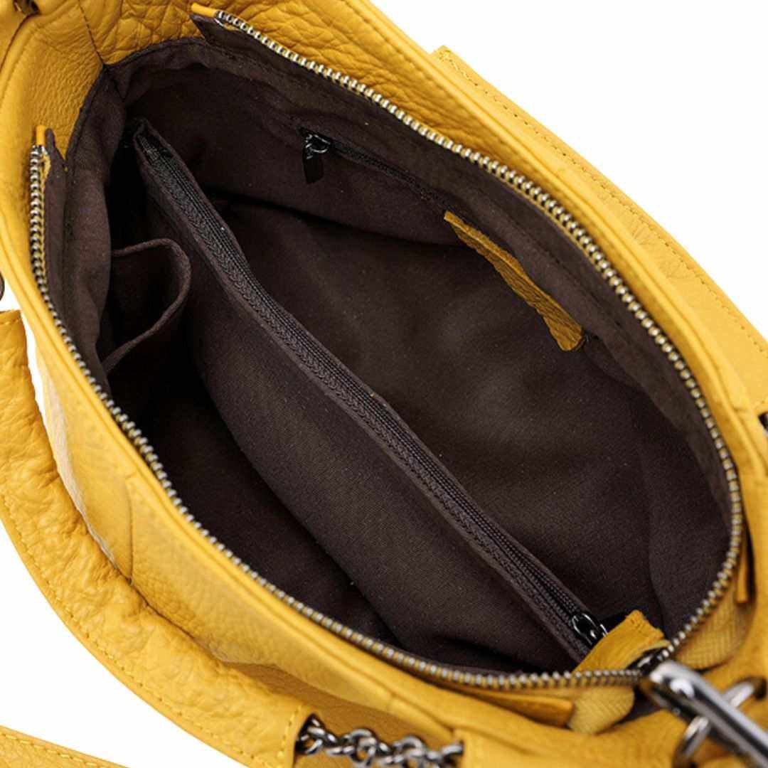 Interior view of the Cross Body Soft Leather Bag with spacious compartments, yellow genuine leather, and a stylish chain-link handle.