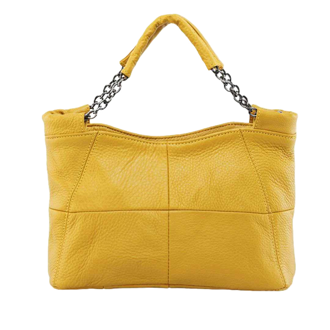 Yellow crossbody soft leather bag with chain-link handle and decorative stitching from Essence of Elegance Handbag Collection.
