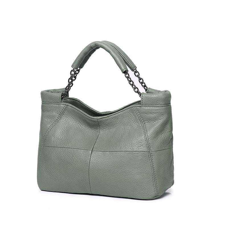 Cross Body Soft Leather Bag with chain-link handle, green color, genuine leather, sophisticated and stylish design.