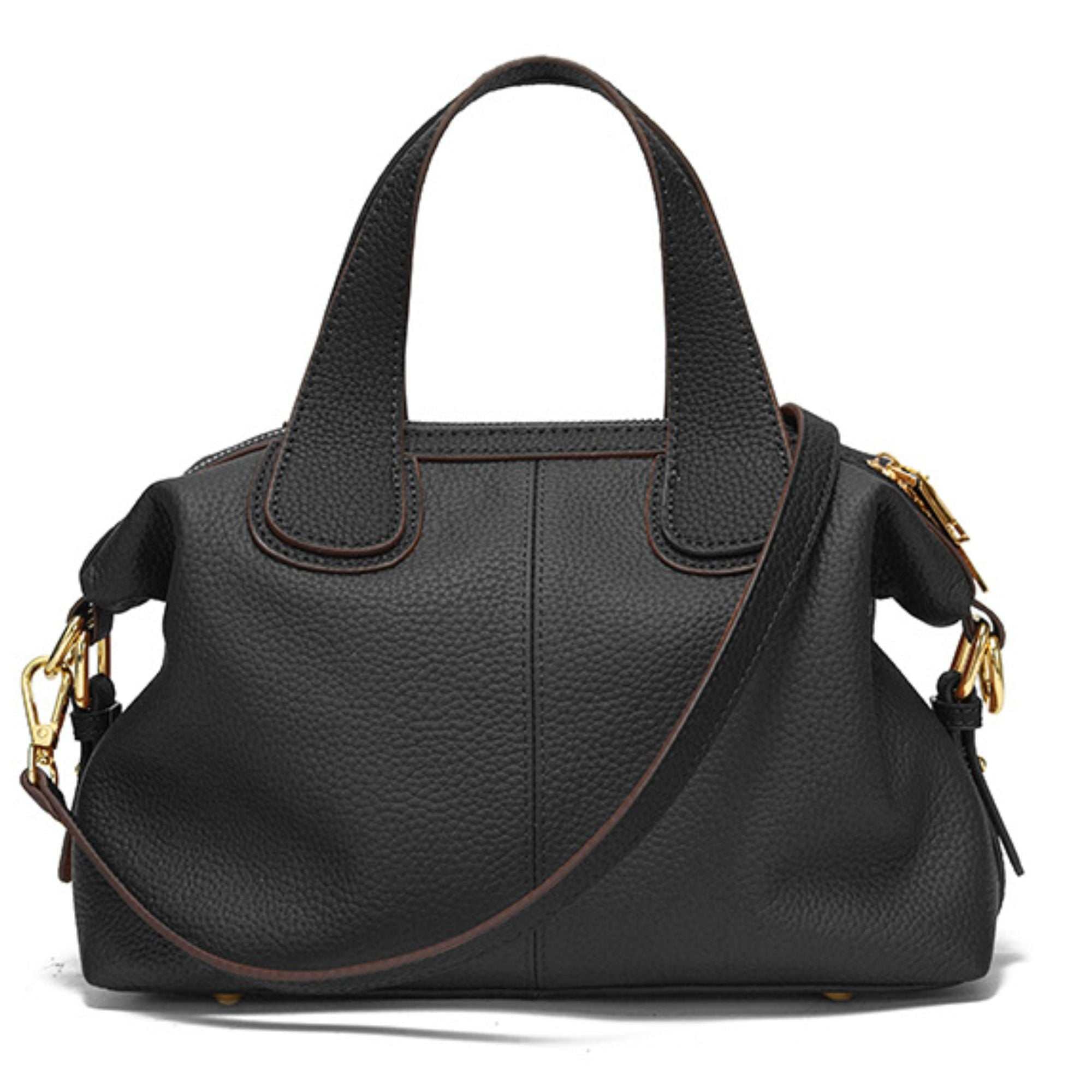 Crossbody bag in black lychee leather with dual straps and gold hardware.