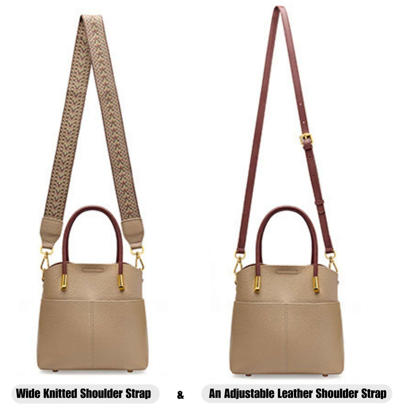 Crossbody Bucket Handbag with wide knitted and adjustable leather shoulder straps in beige.