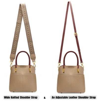 Crossbody Bucket Handbag with wide knitted and adjustable leather shoulder straps in beige.