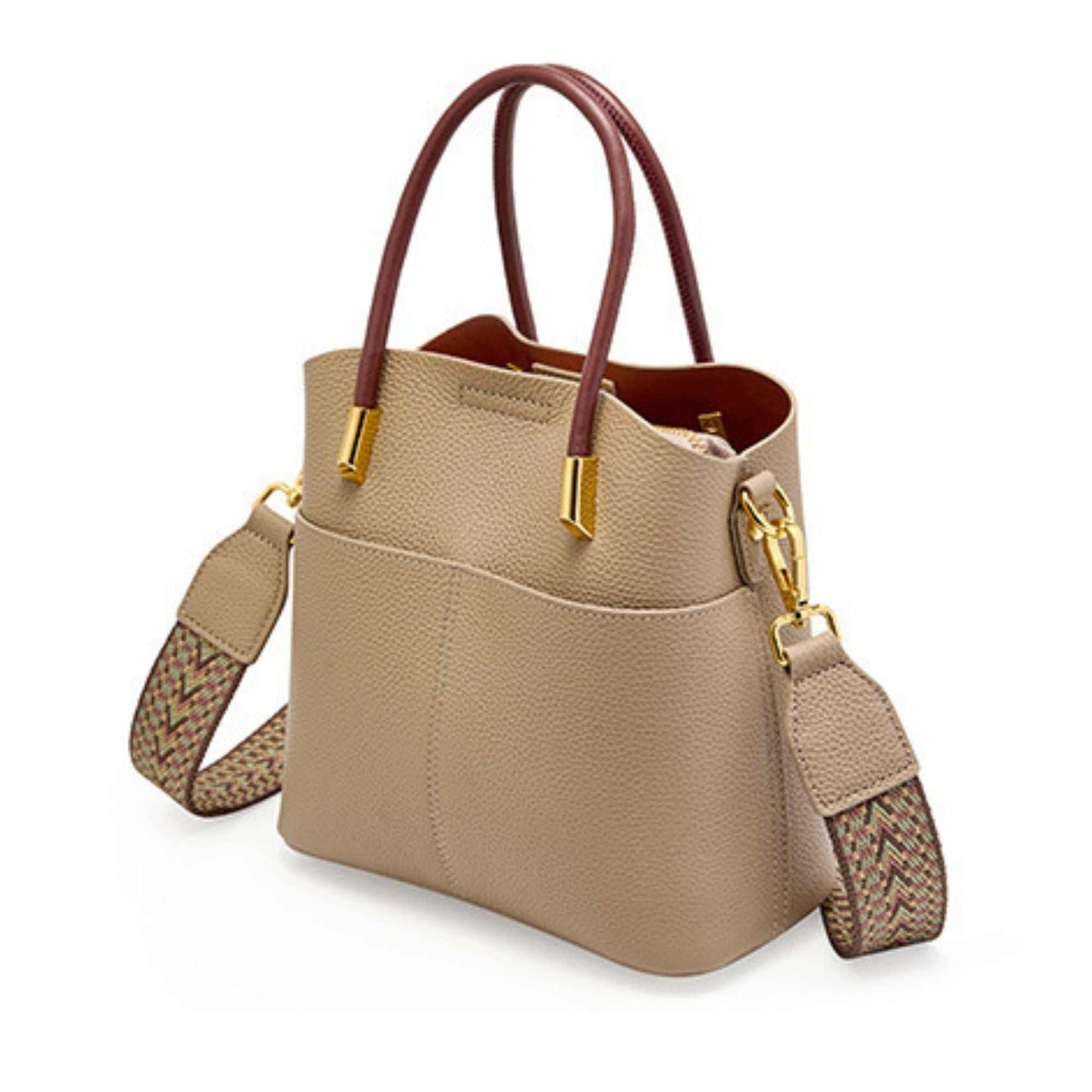 Crossbody Bucket Handbag in beige leather with interchangeable straps and spacious compartments.