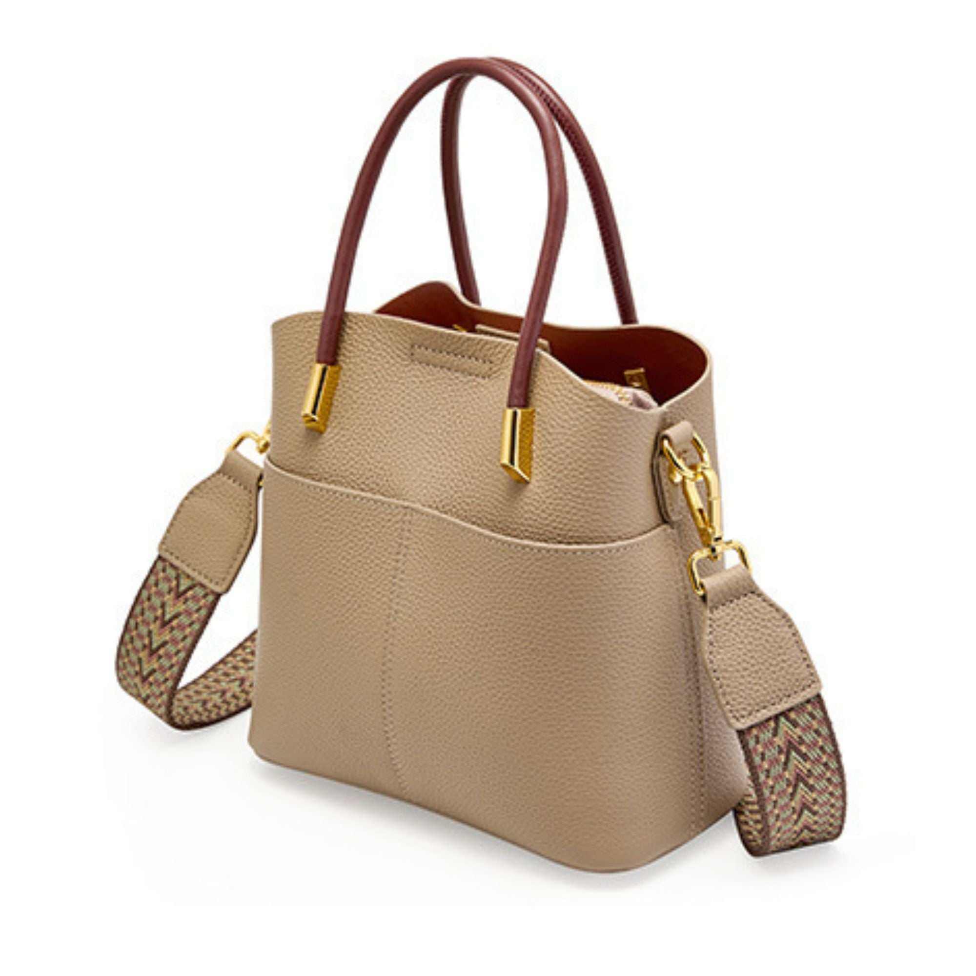 Crossbody Bucket Handbag in beige leather with interchangeable straps and spacious compartments.