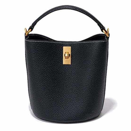 Genuine leather crossbody bucket purse in black with gold accents, part of the Essence of Elegance Handbag Collection.