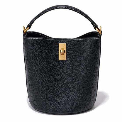 Genuine leather crossbody bucket purse in black with gold accents, part of the Essence of Elegance Handbag Collection.