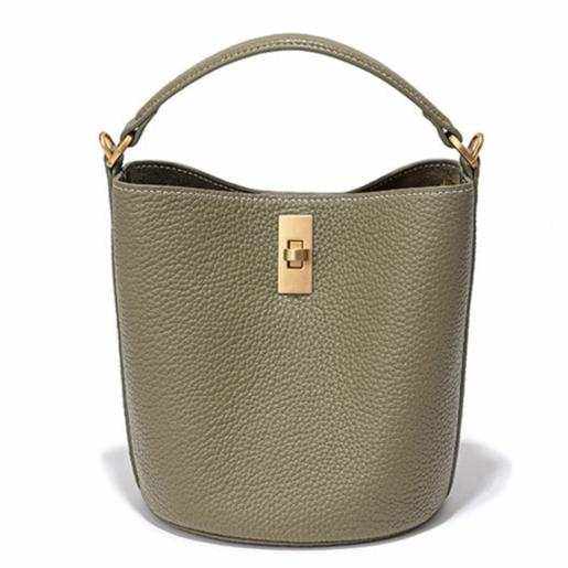 Sage Green Crossbody Bucket Purse with gold latch made of genuine leather, elegant and versatile design.