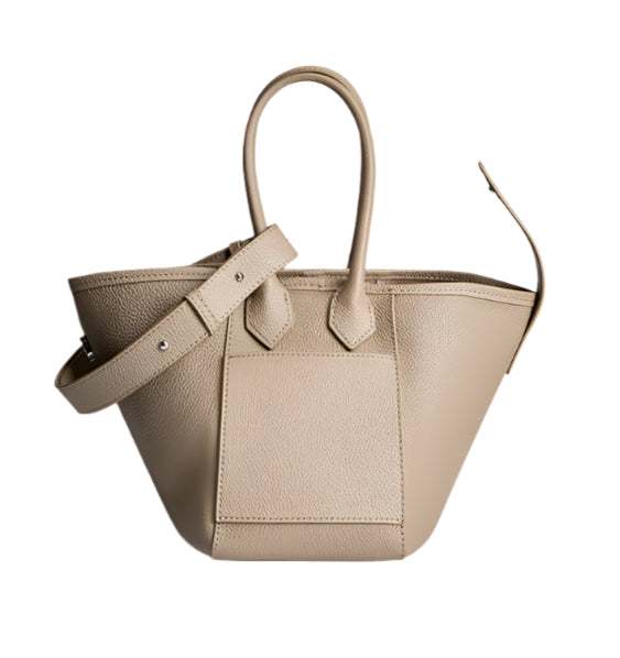 Dual handle lychee leather handbag with removable strap and modern basket-shaped