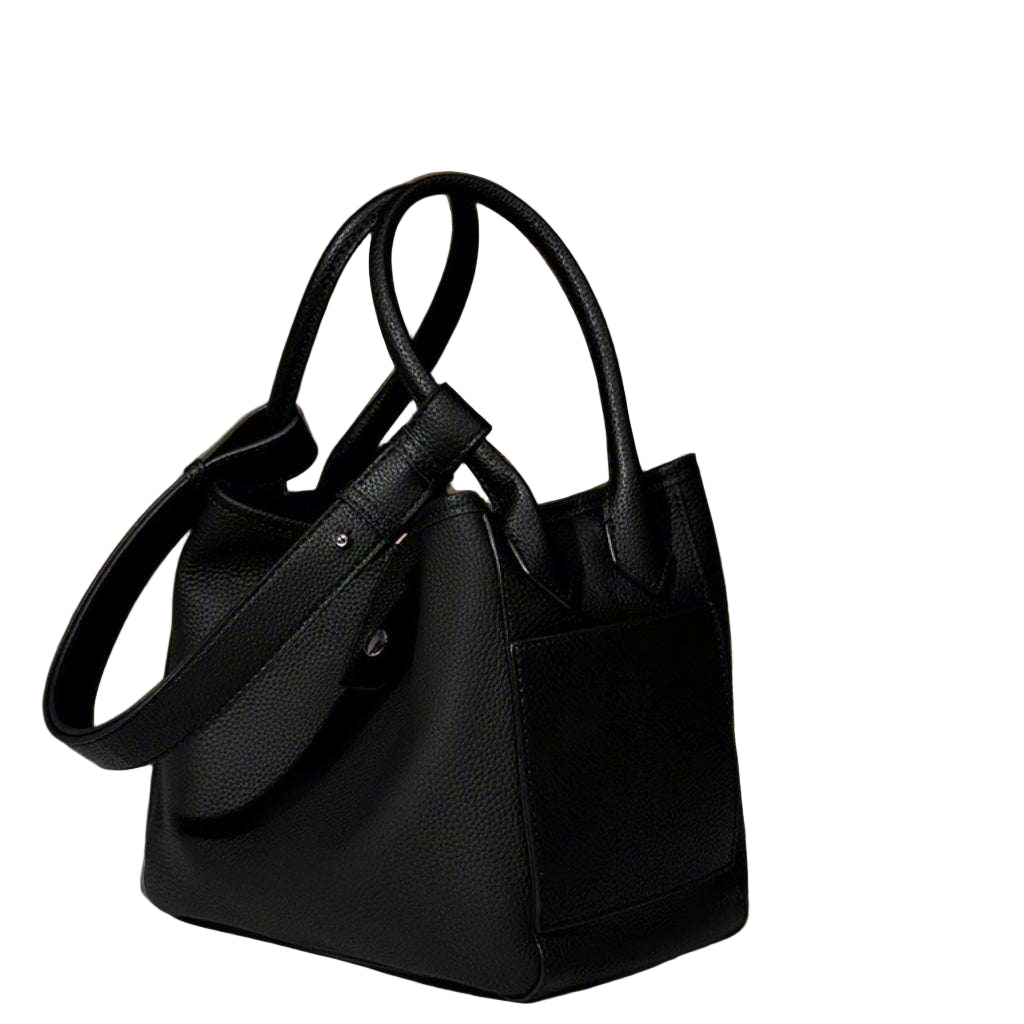 Dual Handle Lychee Leather Handbag in black with removable strap