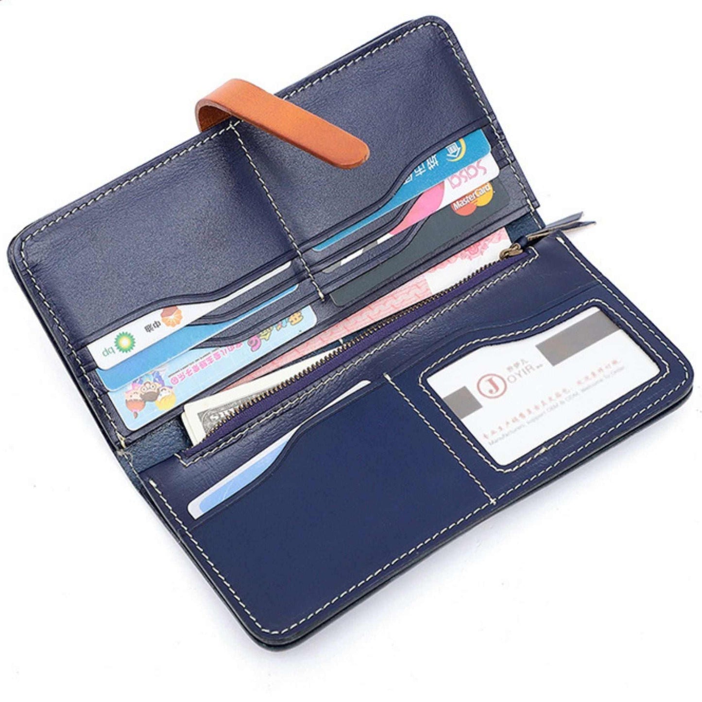 Open female leather wallet in deep blue with brown strap, showcasing multiple card slots and pockets.