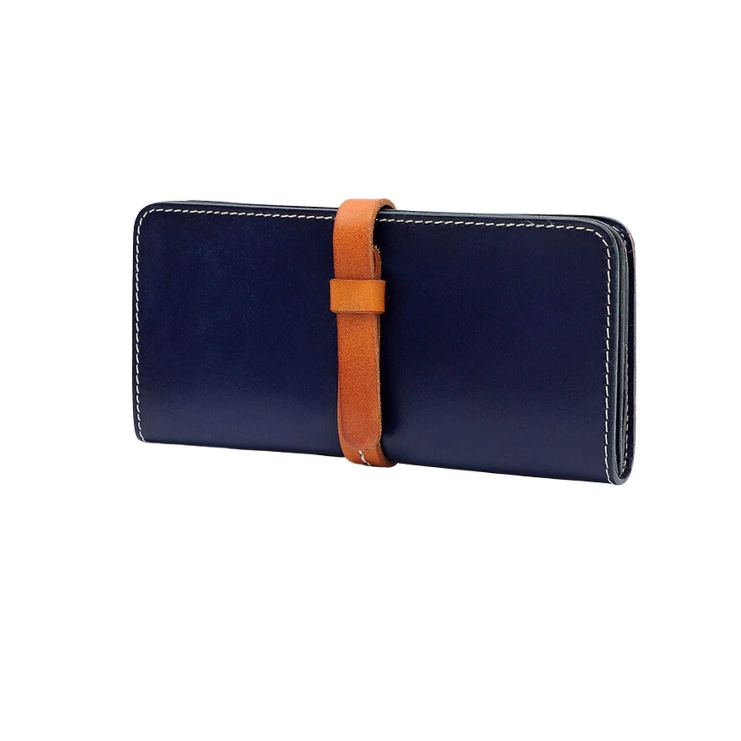 Deep blue leather wallet with brown strap, featuring elegant design from the Opulent Charm Collection.