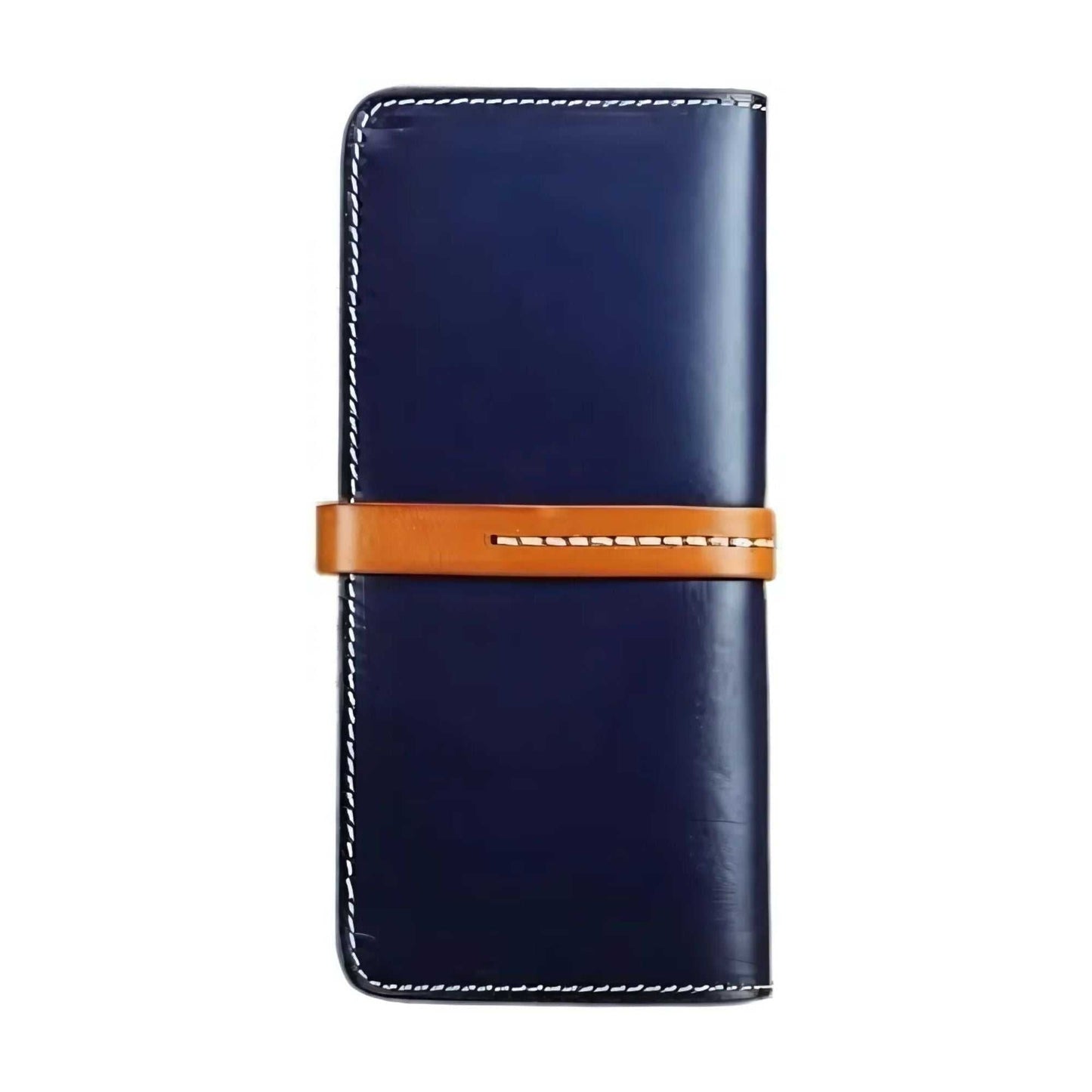 Deep blue female leather wallet with contrasting brown strap closure.